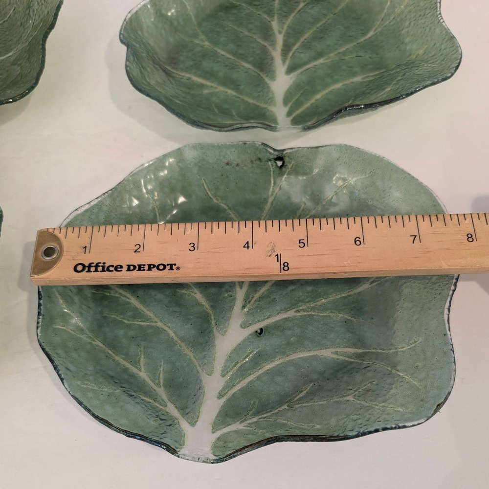 Set of 4 Vintage Green Glass Cabbage Leaf Shaped Serving Dishes Appetizer Plates - Picture 12 of 16